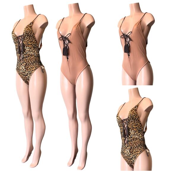 M18 INDAH Reversible Lace Up Leopard Print/Solid One Piece SZ L $198 - Picture 6 of 13